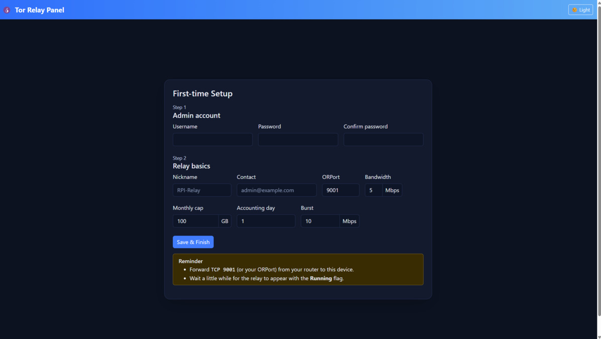 Tor Relay Panel – Setup Wizard